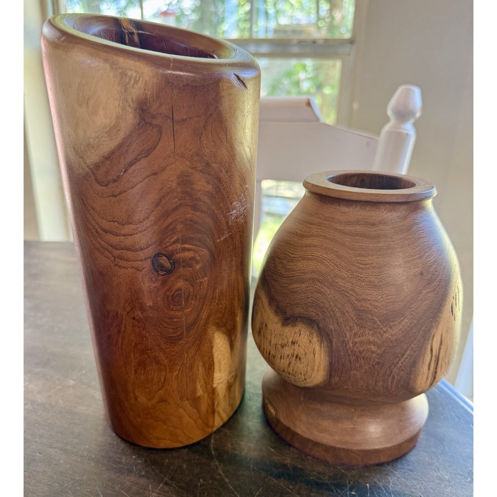 Vintage Hand Turned Solid Wood Decorative Vase Set 2 Rustic Artisa - Picture 7 of 9